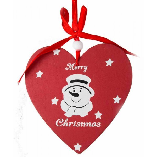 Χριστουγεννιάτικη Κρεμαστή Ξύλινη Καρδιά, Κόκκινη με Χιονάνθρωπο και "Merry Christmas" (14cm)